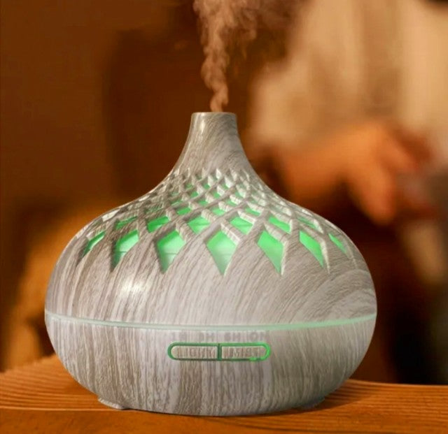 Stor ny 550ml modell Aroma Damp Diffuser i Grå Trelook med Bluetooth, fjernkontroll og ledlys !