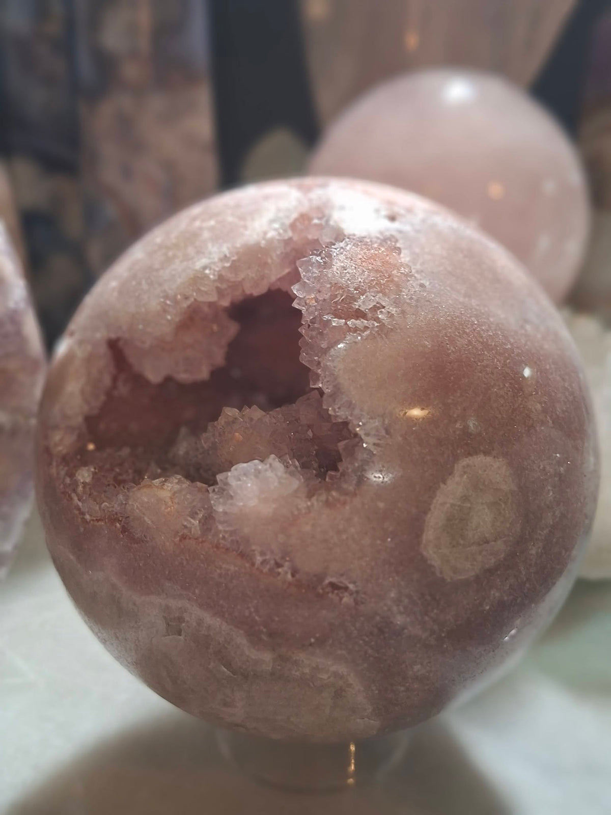 Druzy Flower Agate with Light Pink Amethyst Geode Sphere, 75mm - 660gram