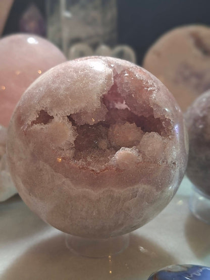 Druzy Flower Agate with Light Pink Amethyst Geode Sphere, 75mm - 660gram