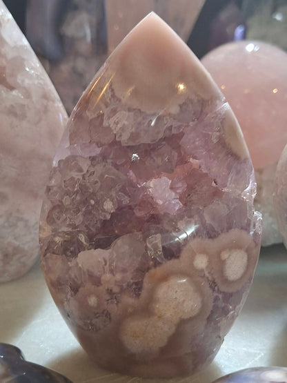 Pink Amethyst Cherry Blossom Agate flame Geode, 300gram, 11x7.5cm