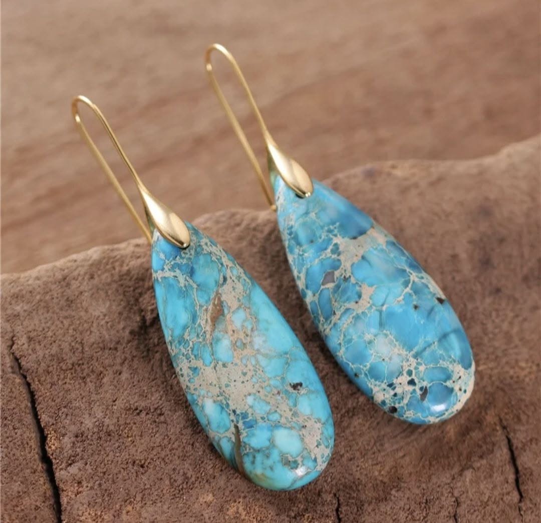Nye, MICCI Design Bohemian Imperial Turquise Jasper Øredobber, Gold Plated