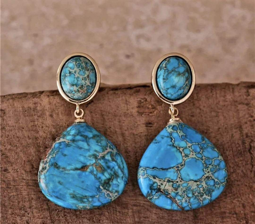Nye, MICCI Design Bohemian Imperial Turquise Jasper Øredobber, Gold Plated