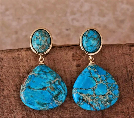 Nye, MICCI Design Bohemian Imperial Turquise Jasper Øredobber, Gold Plated