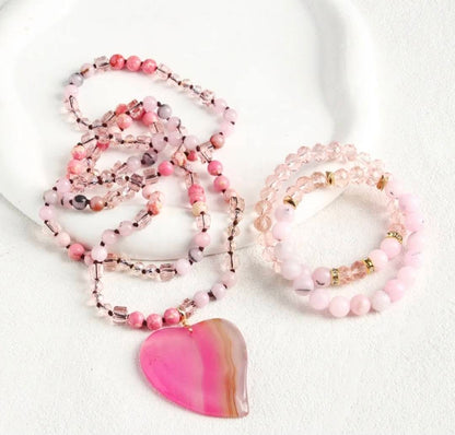 Nye Bohemian Pink AGAT - Rose Quartz Heart Design Smykkesett, Single Row Langt MALA Kjede og Dual Flexible armbånd