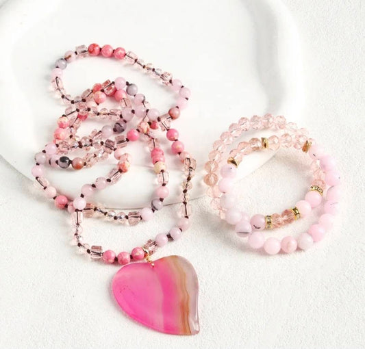 Nye Bohemian Pink AGAT - Rose Quartz Heart Design Smykkesett, Single Row Langt MALA Kjede og Dual Flexible armbånd