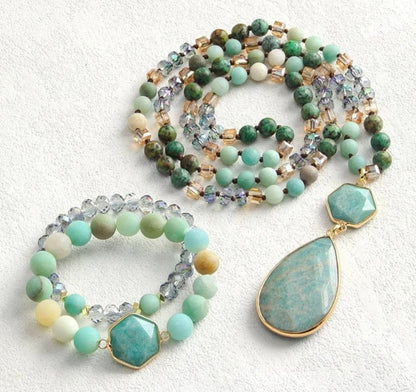 Nye Bohemian Green Quartz Design Smykkesett, Single Row Langt MALA Kjede og Dual Flexible armbånd&nbsp;