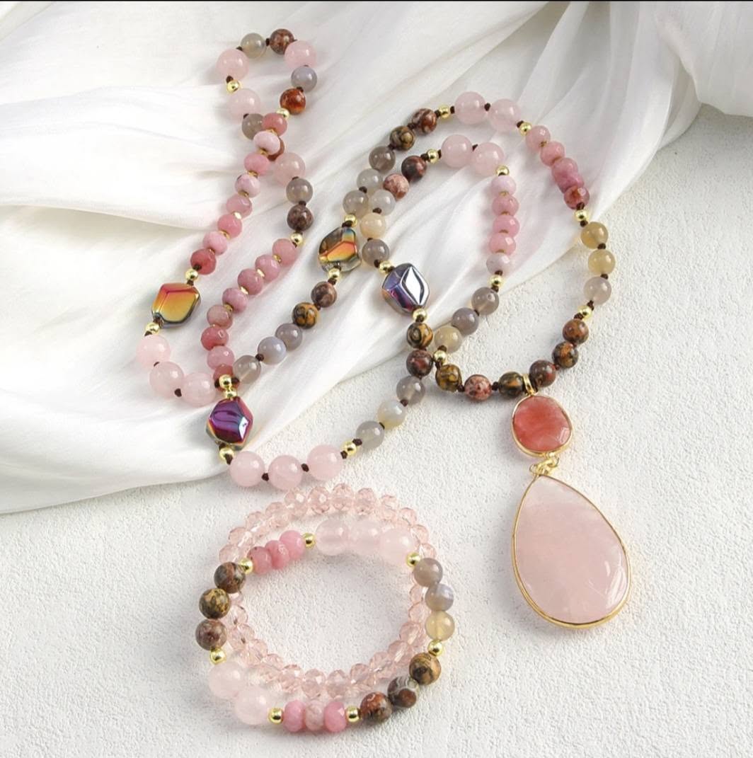 Nye Bohemian Rose Quartz Design Smykkesett, Single Row Langt MALA Kjede og Dual Flexible armbånd