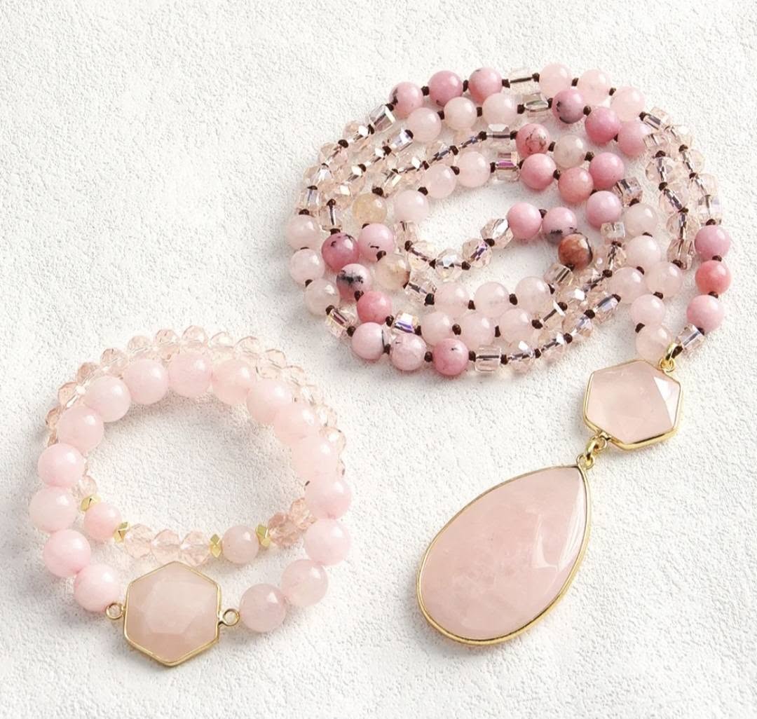 Nye Bohemian Rose Quartz Design Smykkesett, Single Row Langt MALA Kjede og Dual Flexible armbånd