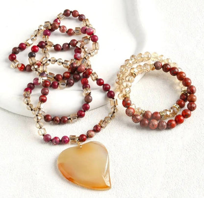 Nye Bohemian Yellow AGAT - Jasper Heart Design Smykkesett, Single Row Langt MALA Kjede og Dual Flexible armbånd