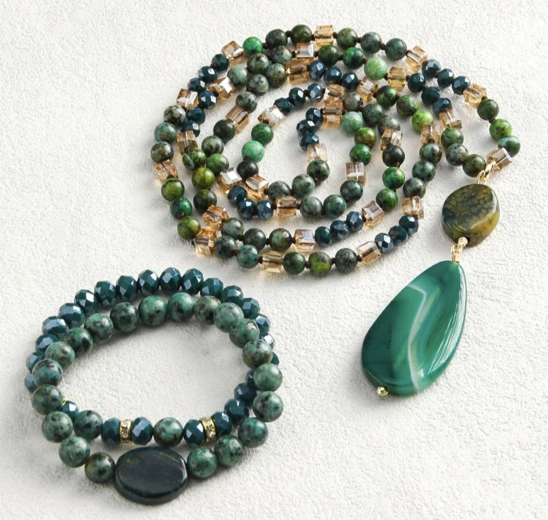 Nytt BOHEMIAN Green AGATE Design Smykkesett ( Kjede, Armbånd )