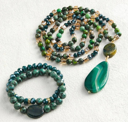 Nytt BOHEMIAN Green AGATE Design Smykkesett ( Kjede, Armbånd )