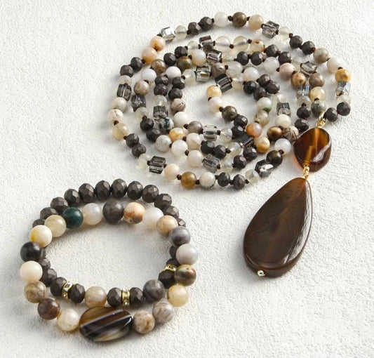 Nye Bohemian JASPER ZEBRA AGATE Design Smykkesett( Kjede, Armbånd )