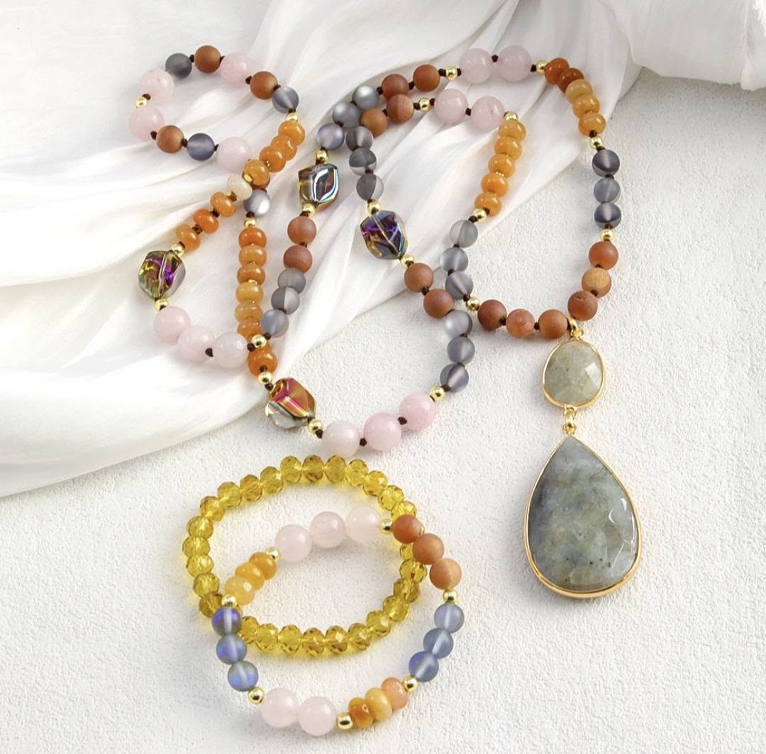 Nye Bohemian Grey Quartz Stone Design Smykkesett, Single Row Langt MALA Kjede og Dual Flexible armbånd