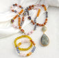 Nye Bohemian Grey Quartz Stone Design Smykkesett, Single Row Langt MALA Kjede og Dual Flexible armbånd