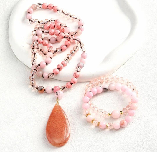 Nytt BOHEMIAN Orange AGATE - Rose Quartz Design Smykkesett ( Kjede, Armbånd )