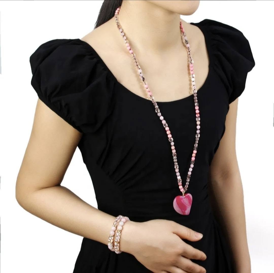 Nye Bohemian Pink AGAT - Rose Quartz Heart Design Smykkesett, Single Row Langt MALA Kjede og Dual Flexible armbånd