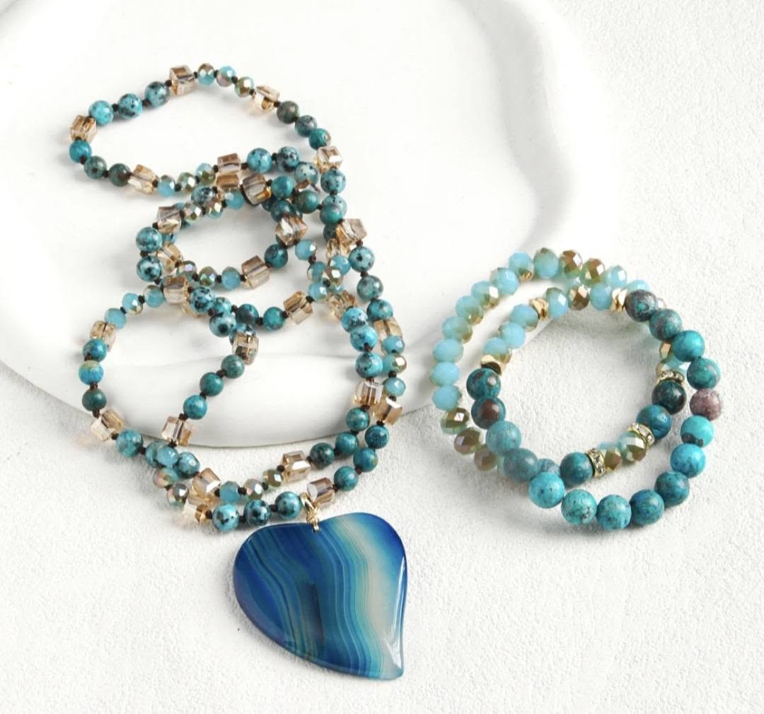 Nye Bohemian Blue AGAT - Turquoise Heart Design Smykkesett, Single Row Langt MALA Kjede og Dual Flexible armbånd