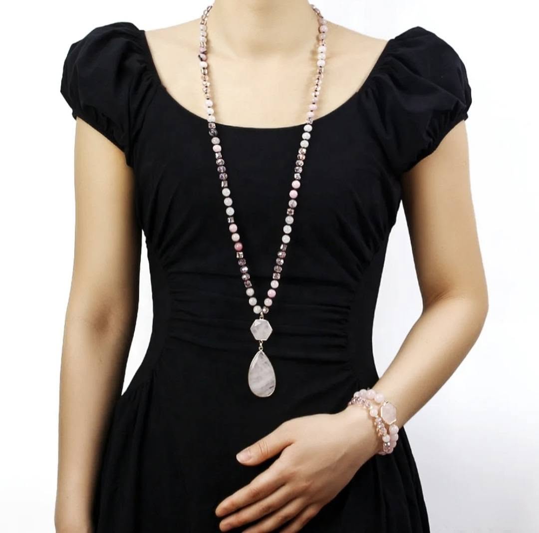Nye Bohemian Rose Quartz Design Smykkesett, Single Row Langt MALA Kjede og Dual Flexible armbånd