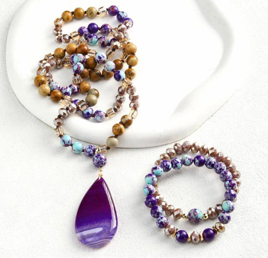 Nytt BOHEMIAN Lilla AGATE Design Smykkesett ( Kjede, Armbånd )