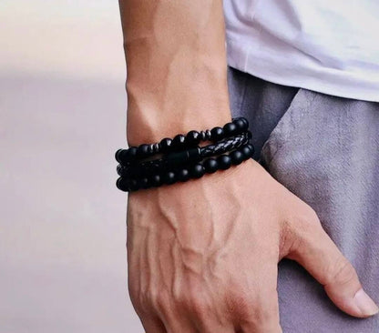 Triple Agat & Leather Bracelet, ( Matt sort Agat )
