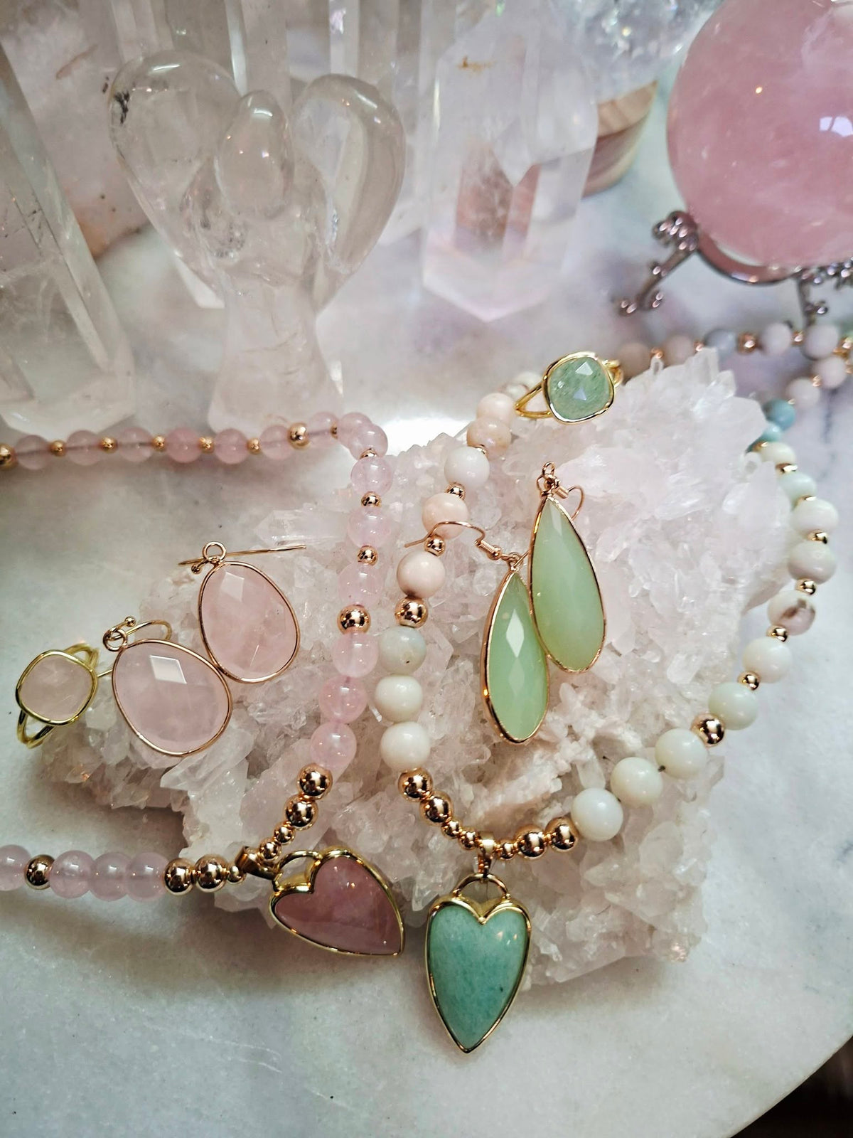 Micci Design Jewelry Pack, Gold Electroplated ( Rose Quartz, Green Amazonite, Fluorite )