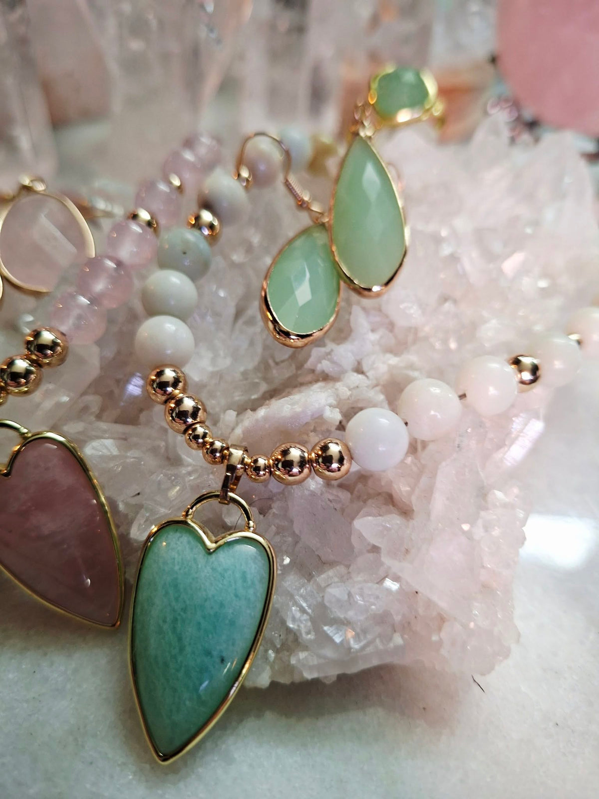 Micci Design Jewelry Pack, Gold Electroplated ( Rose Quartz, Green Amazonite, Fluorite )