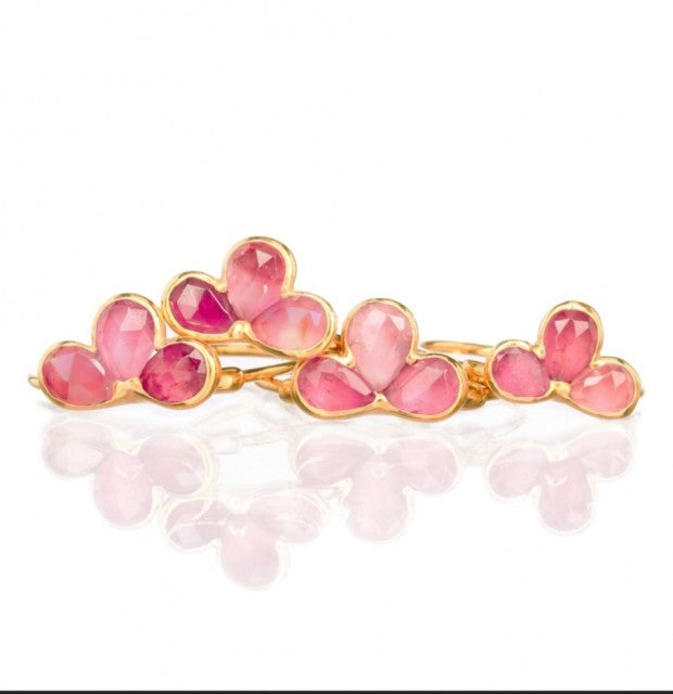 Ny, hÅndlaget rustik Triple Stone Pink Turmalin Rosegull Ring. 24 Gold plated