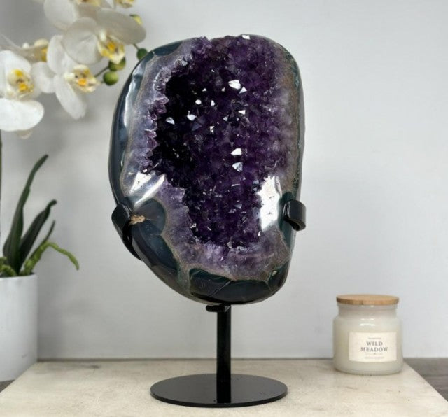 Natural XXL Uruguay Agate & Amethyst Geode, Metallic Stand Included - MWS1452 - 28.5x16cm, 4.3kg