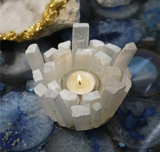Selenitt Telys dekorasjon med glass i vannfalldesign, HVIT 10x10x13cm