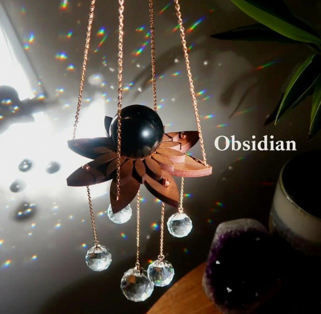 New 2024 Lotus Rainbow Crystal Suncatcher w/ Black Obsidian Quartz 21mm Sphere