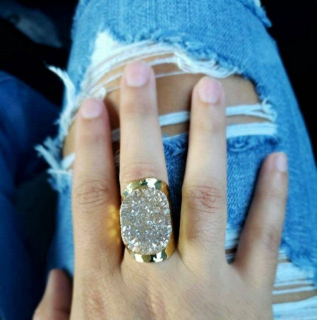 Vakker Druzy Quartz Ring Champagne Gold Electroplated, justerbar