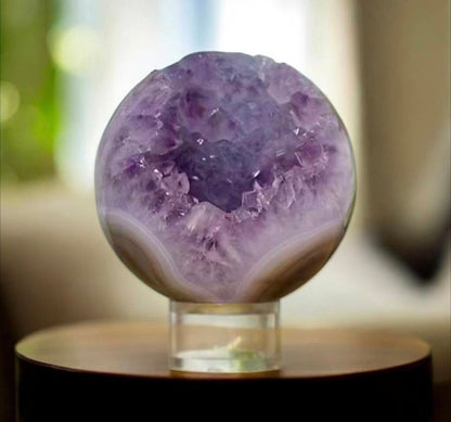 Uruguay Amethyst & Blue Banded Agate Sphere Geode with Crystal Cavity - SPH0177, 9.9cm