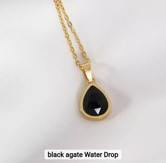 NEW MICCI JEWELRY NATURAL STONE NECKLACES, 45cm , Gold Elecrtroplated, Black AGATE Quartz 16mm Tear Drop