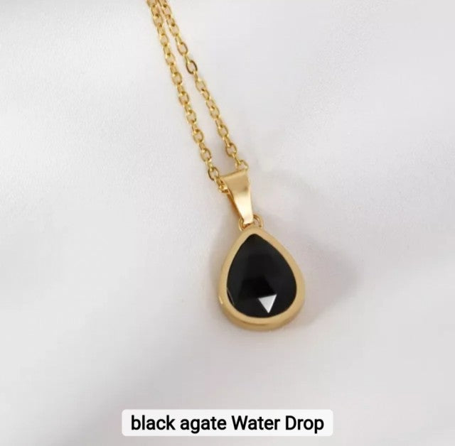 NEW MICCI JEWELRY NATURAL STONE NECKLACES, 45cm , Gold Elecrtroplated, Black AGATE Quartz 16mm Tear Drop