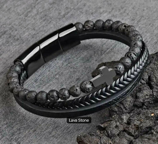 Nye, lekre Lavasten armbånd med skinn ...Triple Row m/kors i Hematitt, justerbare ledd