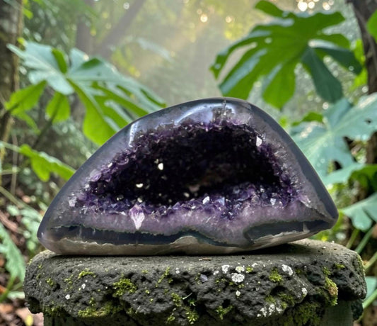 Natural Artiga Uruguay Amethyst & Agate Stone Geode with polished Shell, STGE0082, 2.7kg - 19x13.5x9.5cm