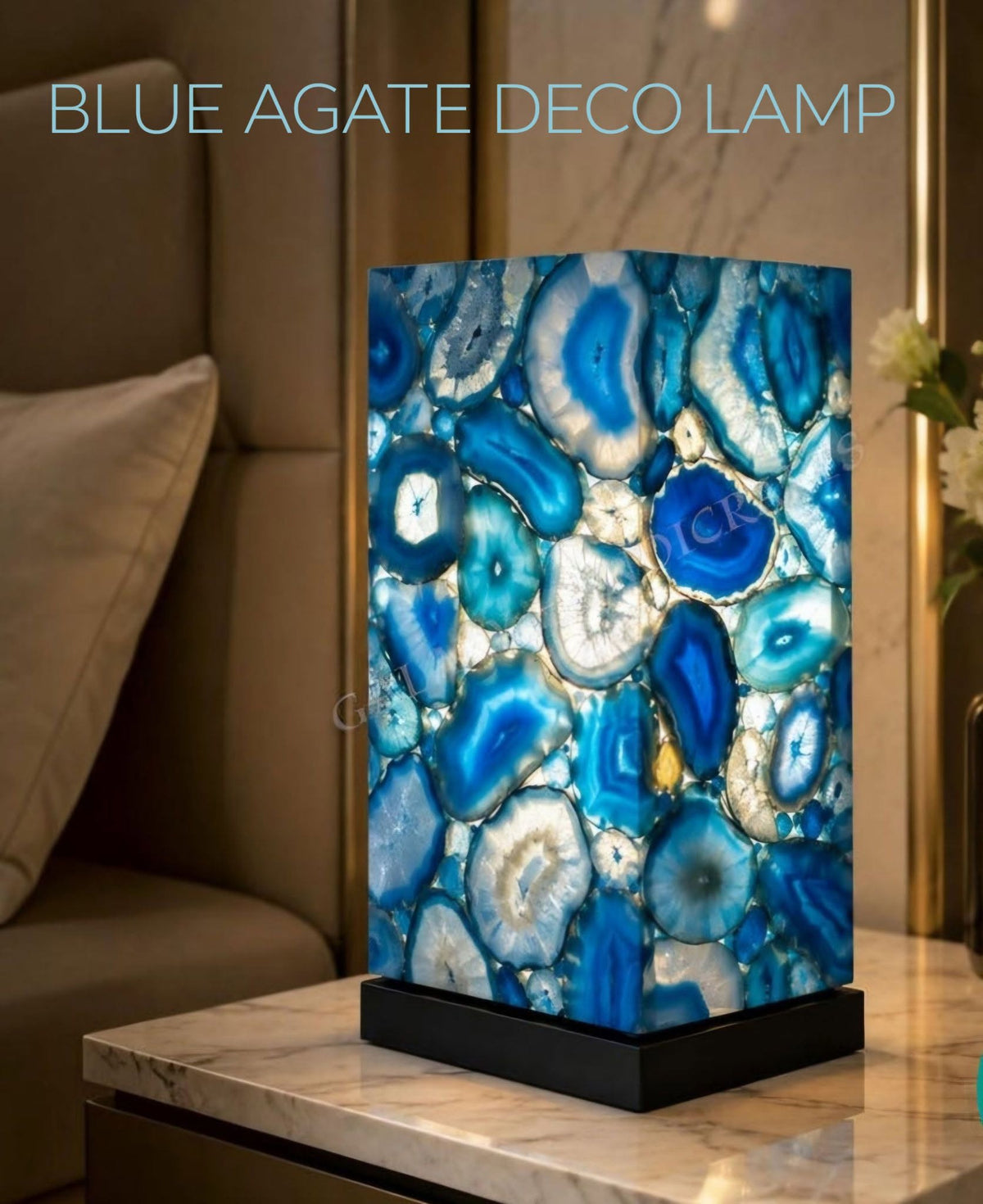 Exclusive handmade Blue Agate Coaster Crystal Ledlamp / Luxury Home Décor , 20x10cm