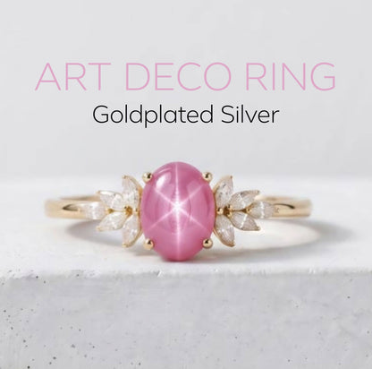 Ny og vakker Art Deco ( 14k Gold over Sterling Silver) Marquise Sapphire Cluster Ring with Oval Star RUBY ( Lab Created )