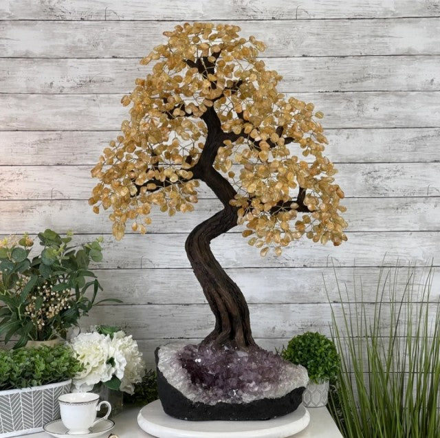 33" Tall Special Citrine Gemstone Tree w/ Amethyst base, 960 Gems, ca. 30kg, 85 - 90cm Handmade #5431CI-001