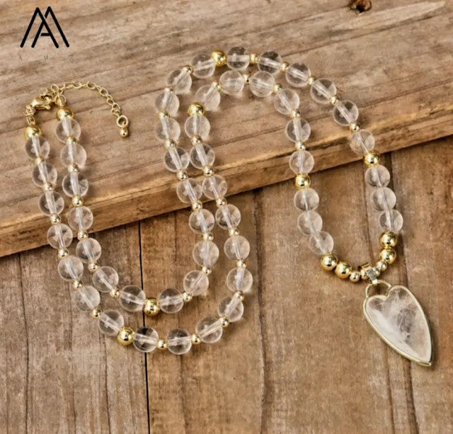 NYE FASHION CRYSTAL KJEDER CLEAR QUARTZ m/ LONG HEART ANHENG