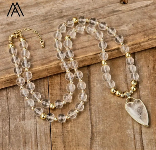 NYE FASHION CRYSTAL KJEDER CLEAR QUARTZ m/ LONG HEART ANHENG