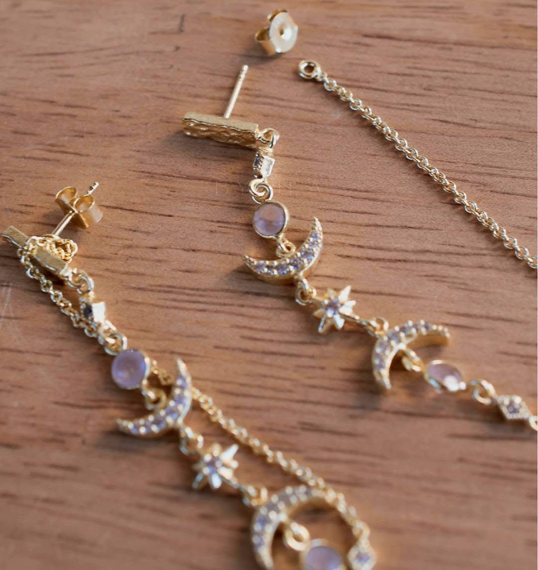 CILA "BLAIR" Earrings w/ Rose Quartz , Zirconia Stones, 18K Goldplated