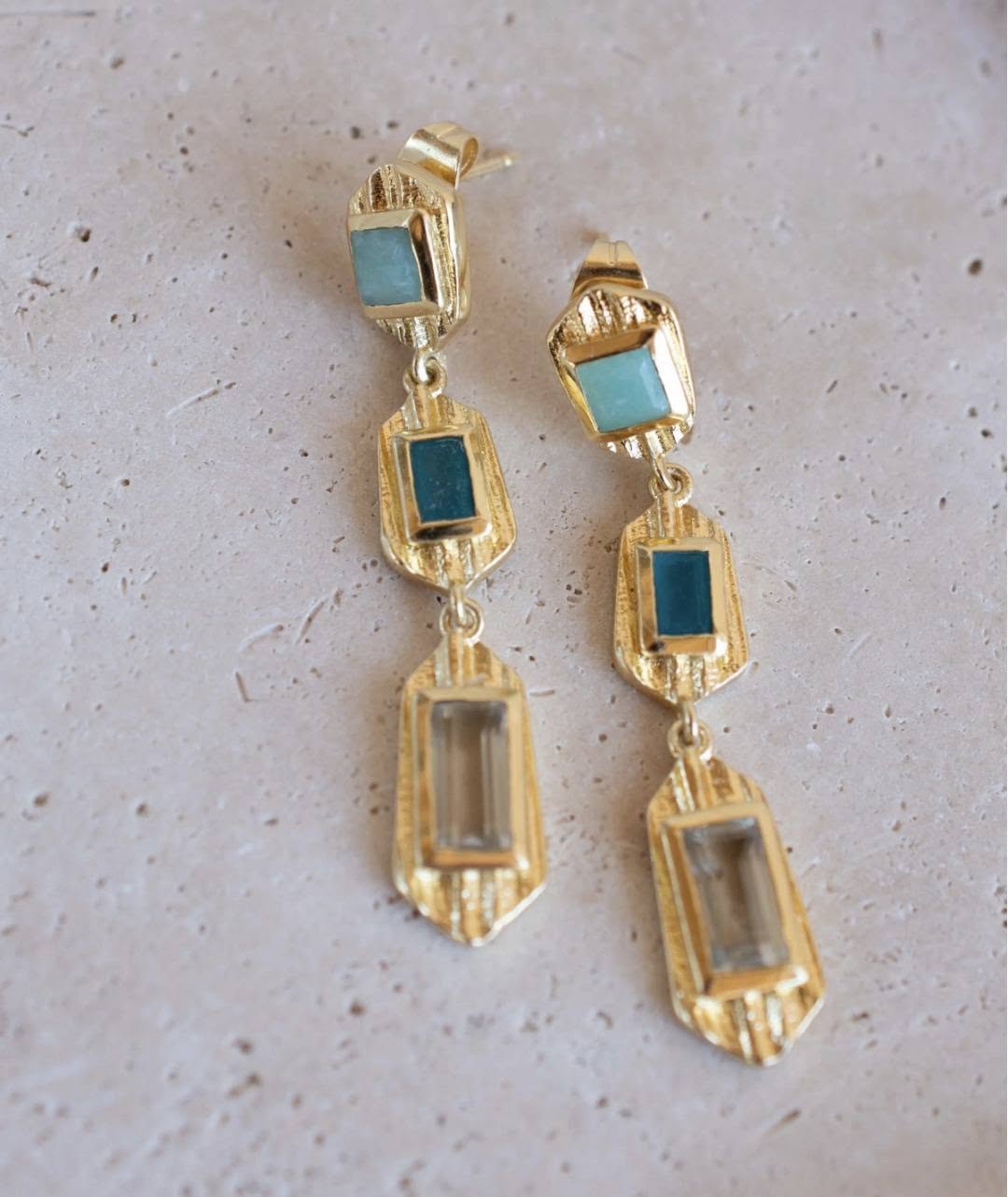 New CILA " ANULA " Long Drop Earrings w/ Amazonite, Green Jade, Ametyst 18K Goldplated