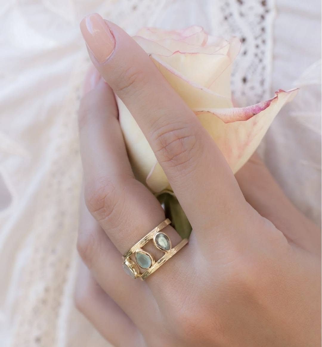 New and beautiful Cila "LYRA" Designring,& Gold Plated 18K - Moonstone, Labradorite , Aqua Chalsedony