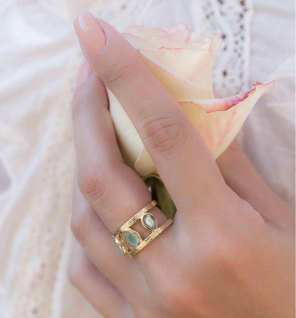 New and beautiful Cila "LYRA" Designring,& Gold Plated 18K - Moonstone, Labradorite , Aqua Chalsedony