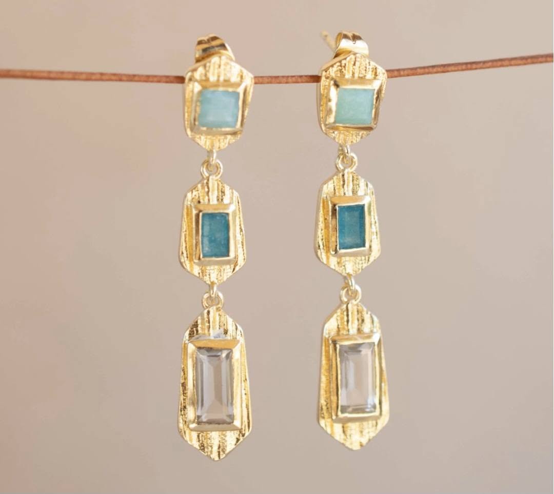 New CILA " ANULA " Long Drop Earrings w/ Amazonite, Green Jade, Ametyst 18K Goldplated
