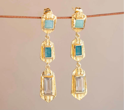 New CILA " ANULA " Long Drop Earrings w/ Amazonite, Green Jade, Ametyst 18K Goldplated
