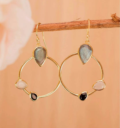 CILA " LAVINIA " Ring Design Black Onyx, Labradorite, Moonstone, Pearl Stud Earrings , 18K Goldplated