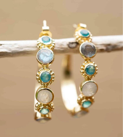 CILA "Melissa" Earrings w/ Labradorite , Green Dyed Quartz, Moonstone, 18K Goldplated