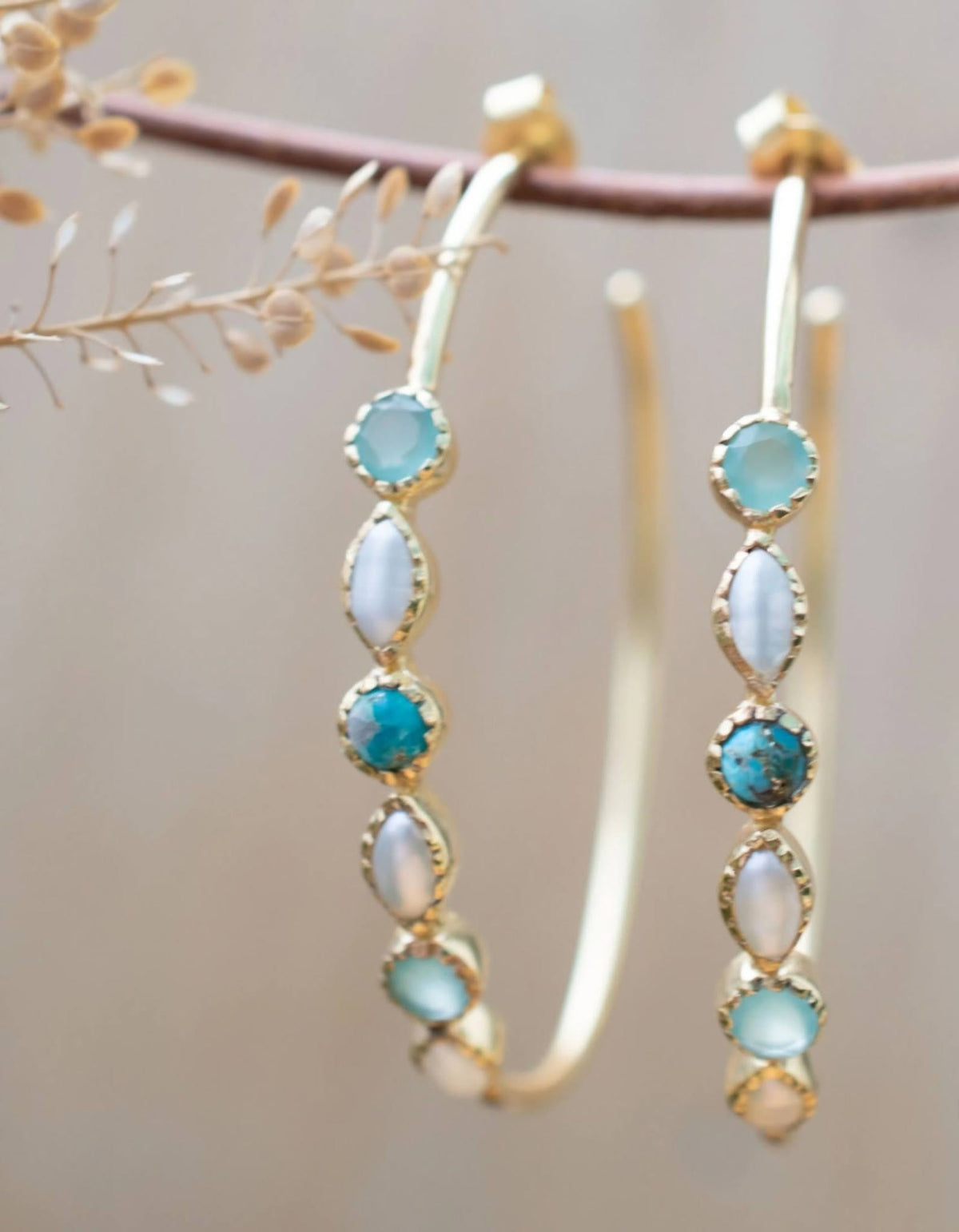 CILA " KAIA " Design Aqua Chalsedony, Copper Turquise, Pearl, Moonstone Earrings , 18K Goldplated